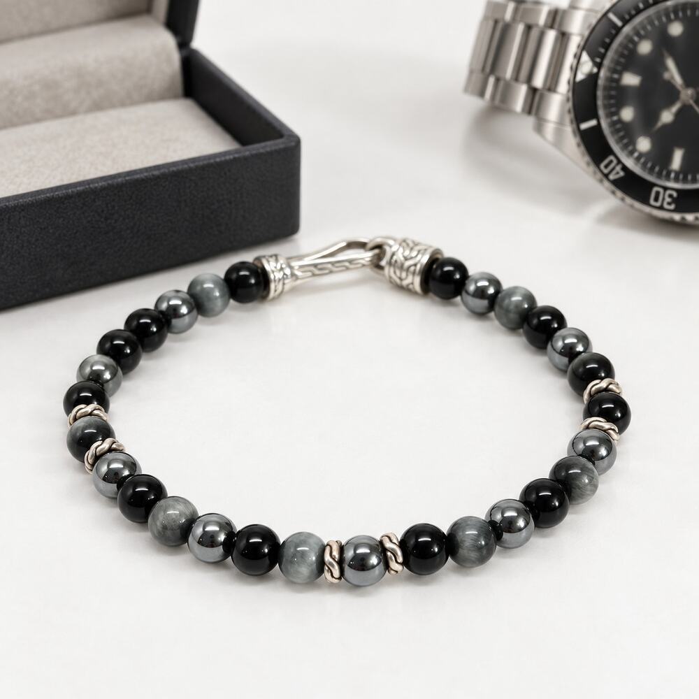John Hardy Sterling Silver 925 Black Onyx Gray Hematite Beaded Bracelet Medium